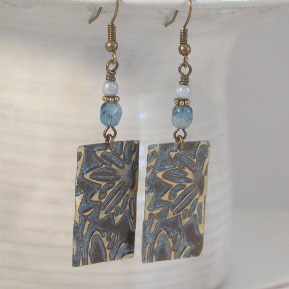 Brass Hand Embossed Earrings Blue Czech Glass Earrings Patina Brass Earrings - Picture 9 of 9